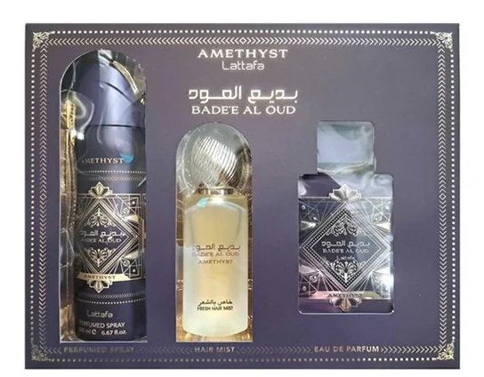 LATTAFA BADE'E AL OUD AMETHYST EDP GIFTSET 100ML+DEODORANT 200ML+HAIRMIST 50ML zestaw prezentowy unisex