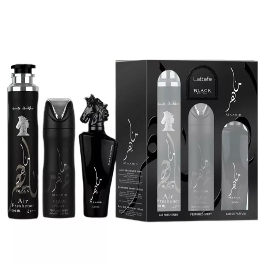 LATTAFA MAAHIR BLACK EDITION GIFTSET 100ML + DEODORANT 200ML + AIR FRESHENER 300ML