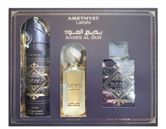 LATTAFA BADE'E AL OUD AMETHYST EDP GIFTSET 100ML+DEODORANT 200ML+HAIRMIST 50ML zestaw prezentowy unisex