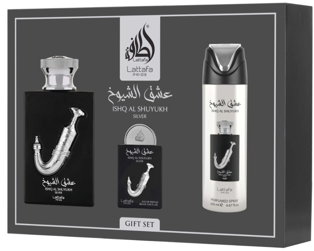 Lattafa Ishq Al Shuyukh Silver GIFTSET  100ML+20ML+DEO 200ML zestaw prezentowy unisex