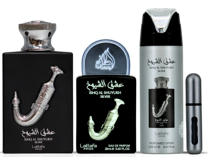 Lattafa Ishq Al Shuyukh Silver GIFTSET  100ML+20ML+DEO 200ML zestaw prezentowy unisex