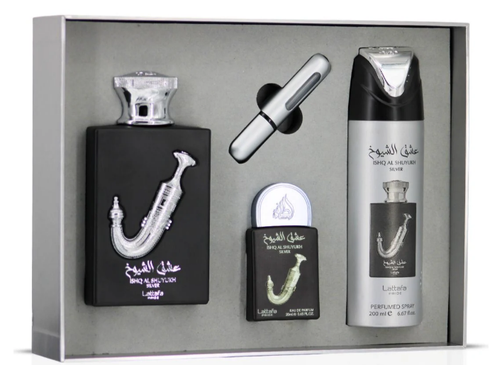 Lattafa Ishq Al Shuyukh Silver GIFTSET  100ML+20ML+DEO 200ML zestaw prezentowy unisex