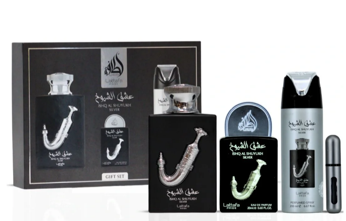 Lattafa Ishq Al Shuyukh Silver GIFTSET  100ML+20ML+DEO 200ML zestaw prezentowy unisex
